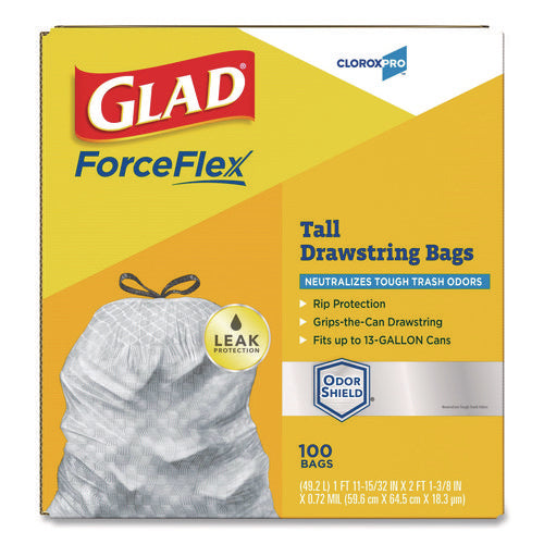 Image of Glad® CloroxPro ForceFlex Tall Kitchen Drawstring Trash Bags, 13 gal, 23.75 x 24.88, Gray, 100/Box