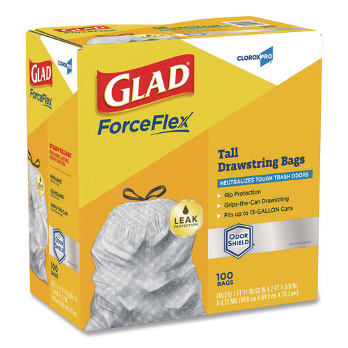 Image of Glad® CloroxPro ForceFlex Tall Kitchen Drawstring Trash Bags, 13 gal, 23.75 x 24.88, Gray, 100/Box