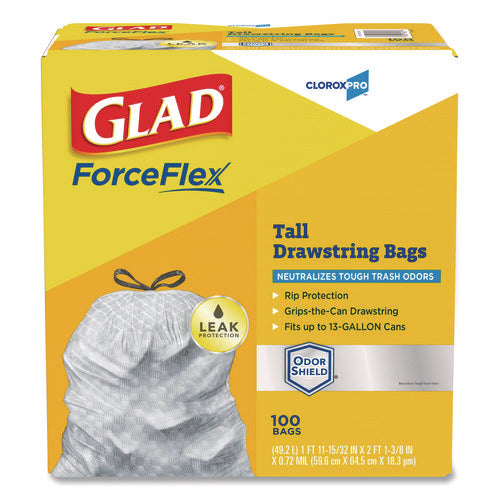 Image of Glad® CloroxPro ForceFlex Tall Kitchen Drawstring Trash Bags, 13 gal, 23.75 x 24.88, Gray, 100/Box