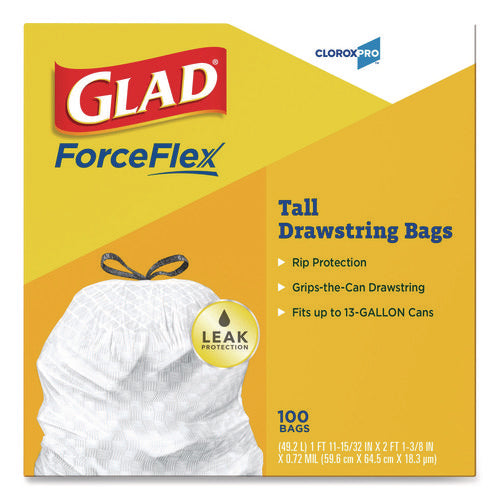 Image of Glad® CloroxPro ForceFlex Tall Kitchen Drawstring Trash Bags, 13 gal, 24 x 27.38, Gray, 100/Box