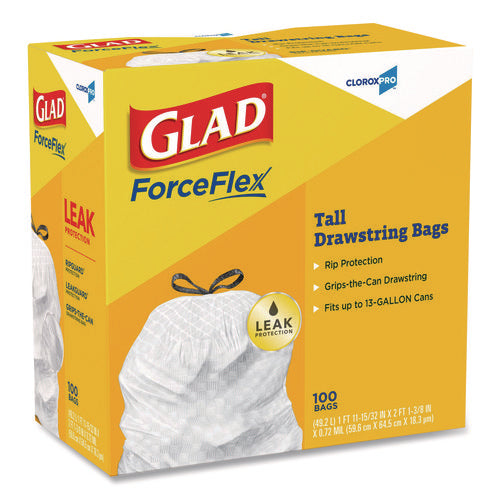 Image of Glad® CloroxPro ForceFlex Tall Kitchen Drawstring Trash Bags, 13 gal, 24 x 27.38, Gray, 100/Box
