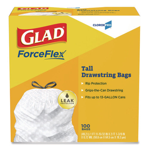 Image of Glad® CloroxPro ForceFlex Tall Kitchen Drawstring Trash Bags, 13 gal, 24 x 27.38, Gray, 100/Box