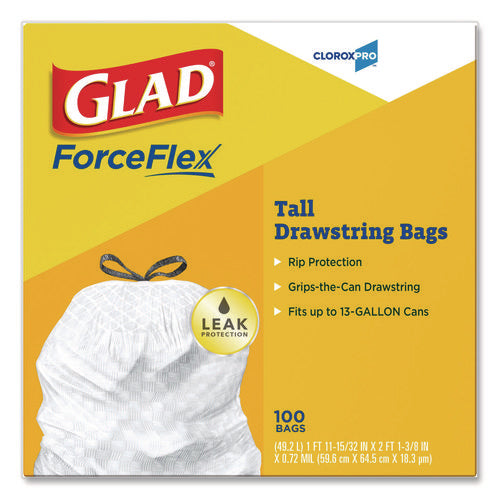 Image of Glad® CloroxPro ForceFlex Tall Kitchen Drawstring Trash Bags, 13 gal, 24 x 27.38, Gray, 100 Bags/Box, 4 Boxes/Carton
