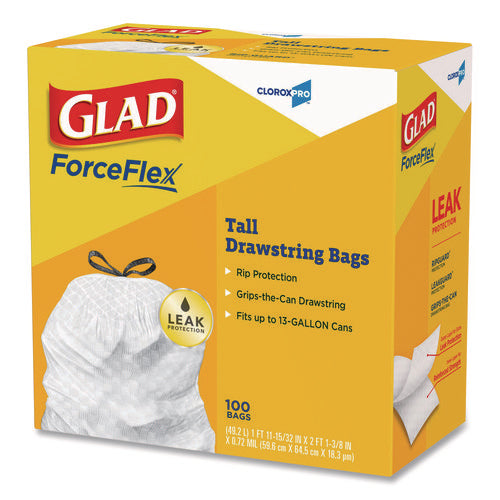 Image of Glad® CloroxPro ForceFlex Tall Kitchen Drawstring Trash Bags, 13 gal, 24 x 27.38, Gray, 100 Bags/Box, 4 Boxes/Carton