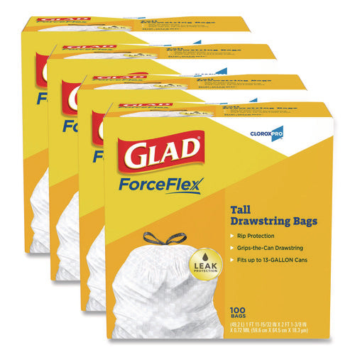 Image of Glad® CloroxPro ForceFlex Tall Kitchen Drawstring Trash Bags, 13 gal, 24 x 27.38, Gray, 100 Bags/Box, 4 Boxes/Carton