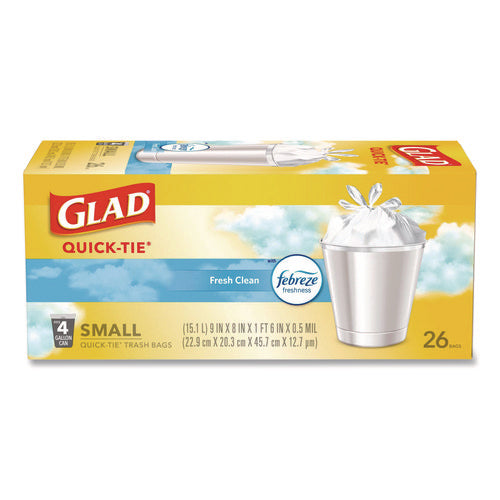 Image of Glad® OdorShield Quick-Tie Small Trash Bags, Tie-Flap, 4 gal, Febreze Fresh Clean Scent, 8 x 18, White, 26 Bags/Box, 6 Boxes/Carton