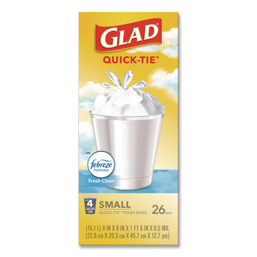 Image of Glad® OdorShield Quick-Tie Small Trash Bags, Tie-Flap, 4 gal, Febreze Fresh Clean Scent, 8 x 18, White, 26 Bags/Box, 6 Boxes/Carton