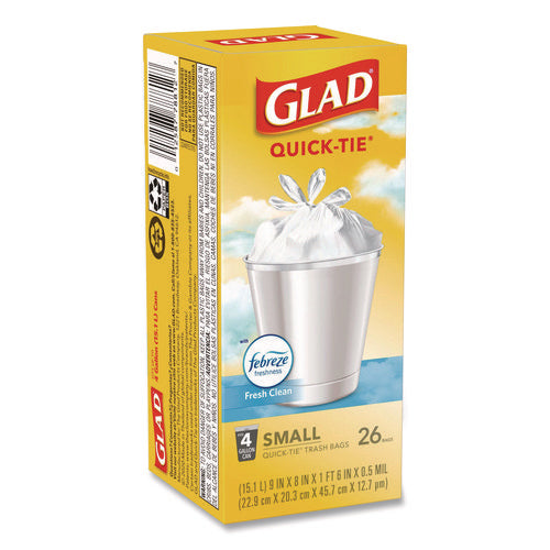 Image of Glad® OdorShield Quick-Tie Small Trash Bags, Tie-Flap, 4 gal, Febreze Fresh Clean Scent, 8 x 18, White, 26 Bags/Box, 6 Boxes/Carton