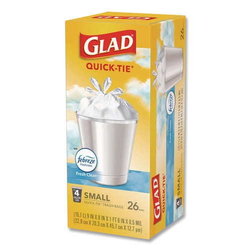 Image of Glad® OdorShield Quick-Tie Small Trash Bags, Tie-Flap, 4 gal, Febreze Fresh Clean Scent, 8 x 18, White, 26 Bags/Box, 6 Boxes/Carton