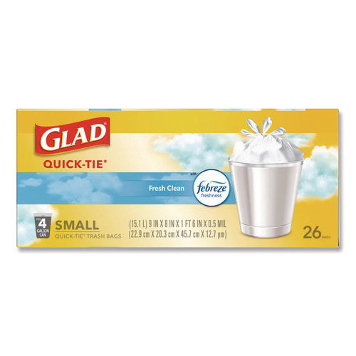 Image of Glad® OdorShield Quick-Tie Small Trash Bags, Tie-Flap, 4 gal, Febreze Fresh Clean Scent, 8 x 18, White, 26 Bags/Box, 6 Boxes/Carton