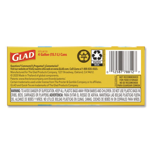 Image of Glad® OdorShield Quick-Tie Small Trash Bags, Tie-Flap, 4 gal, Febreze Fresh Clean Scent, 8 x 18, White, 26 Bags/Box, 6 Boxes/Carton