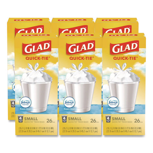 Image of Glad® OdorShield Quick-Tie Small Trash Bags, Tie-Flap, 4 gal, Febreze Fresh Clean Scent, 8 x 18, White, 26 Bags/Box, 6 Boxes/Carton