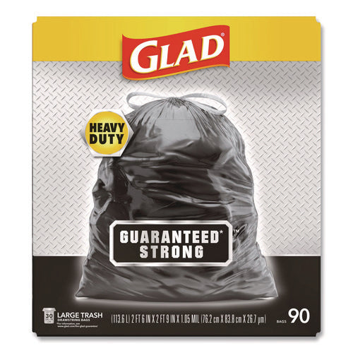 Image of Glad® Guaranteed Strong Large Drawstring Trash Bags, Three-Ply, 30 gal, 1.05 mil, 30" x 33", Black, 90/Carton