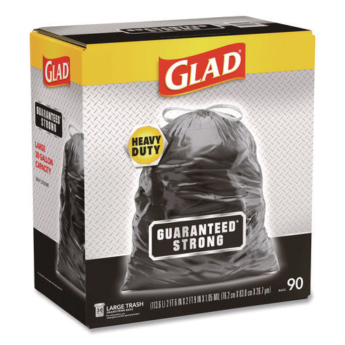 Image of Glad® Guaranteed Strong Large Drawstring Trash Bags, Three-Ply, 30 gal, 1.05 mil, 30" x 33", Black, 90/Carton