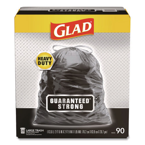 Image of Glad® Guaranteed Strong Large Drawstring Trash Bags, Three-Ply, 30 gal, 1.05 mil, 30" x 33", Black, 90/Carton