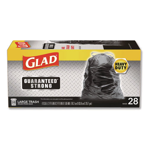 Image of Glad® Guaranteed Strong Large Drawstring Trash Bags, Three-Ply, 30 gal, 1.05 mil, 30 x 33, Black, 28 Bags/Box, 6 Boxes/Carton