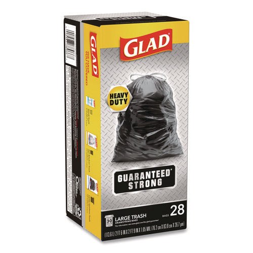 Image of Glad® Guaranteed Strong Large Drawstring Trash Bags, Three-Ply, 30 gal, 1.05 mil, 30 x 33, Black, 28 Bags/Box, 6 Boxes/Carton