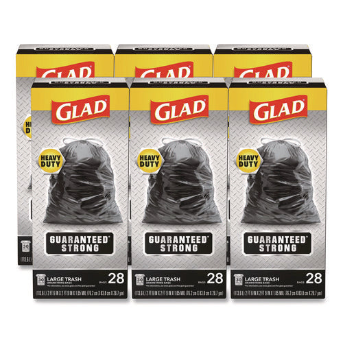Image of Glad® Guaranteed Strong Large Drawstring Trash Bags, Three-Ply, 30 gal, 1.05 mil, 30 x 33, Black, 28 Bags/Box, 6 Boxes/Carton