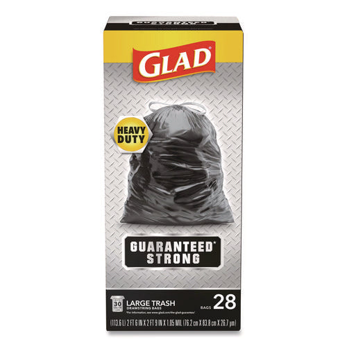 Image of Glad® Guaranteed Strong Large Drawstring Trash Bags, Three-Ply, 30 gal, 1.05 mil, 30 x 33, Black, 28/Box
