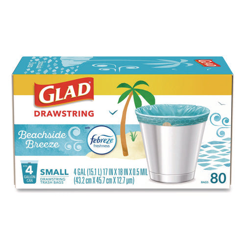 Image of Glad® OdorShield Small Drawstring Trash Bags, 4 gal, Beachside Breeze Scent, 0.5 mil, 18" x 17", Blue, 80/Box