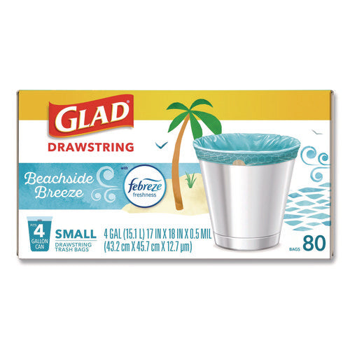 Image of Glad® OdorShield Small Drawstring Trash Bags, 4 gal, Beachside Breeze Scent, 0.5 mil, 18" x 17", Blue, 80/Box