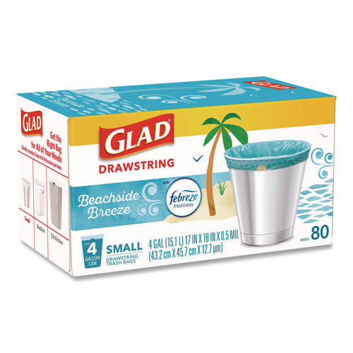 Image of Glad® OdorShield Small Drawstring Trash Bags, 4 gal, Beachside Breeze Scent, 0.5 mil, 18" x 17", Blue, 80/Box