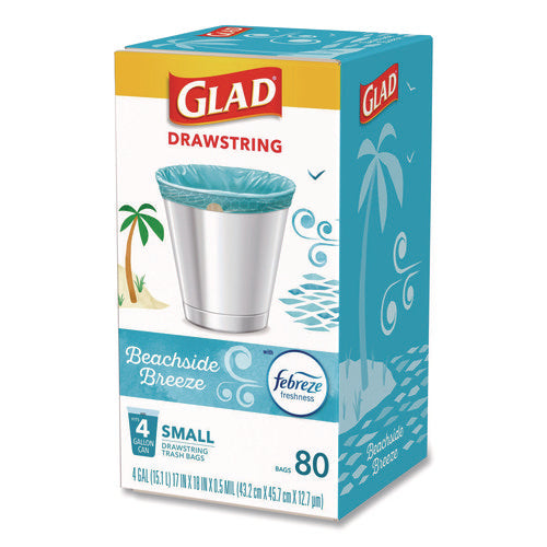 Image of Glad® OdorShield Small Drawstring Trash Bags, 4 gal, Beachside Breeze Scent, 0.5 mil, 18" x 17", Blue, 80/Box