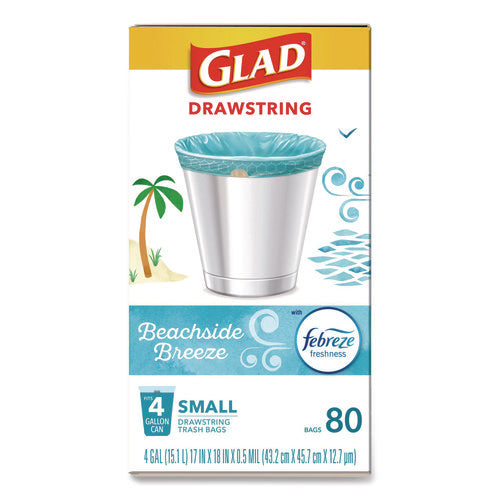 Image of Glad® OdorShield Small Drawstring Trash Bags, 4 gal, Beachside Breeze Scent, 0.5 mil, 18" x 17", Blue, 80/Box