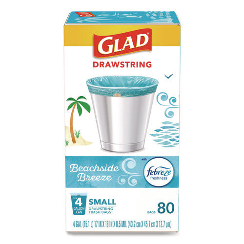 Image of Glad® OdorShield Small Drawstring Trash Bags, 4 gal, Beachside Breeze Scent, 0.5 mil, 18" x 17", Blue, 80/Box
