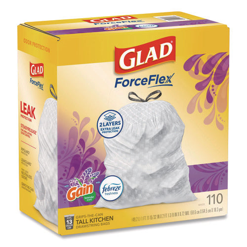 Image of Glad® ForceFlex Tall Kitchen Drawstring Trash Bags, 13 gal, Gain Lavender with Febreze Freshness, 10.18 x 9.81, White, 110/Box
