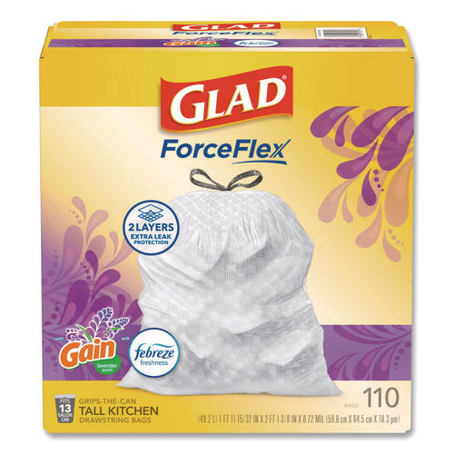 Image of Glad® ForceFlex Tall Kitchen Drawstring Trash Bags, 13 gal, Gain Lavender with Febreze Freshness, 10.18 x 9.81, White, 110/Box