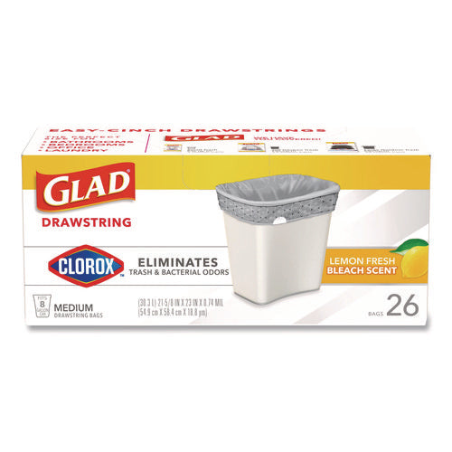 Image of Glad® Medium Drawstring Trash Bags with Clorox, 8 gal, Lemon Fresh Bleach Scent, 0.74 mil, 23" x 21.63", Gray, 26/Box