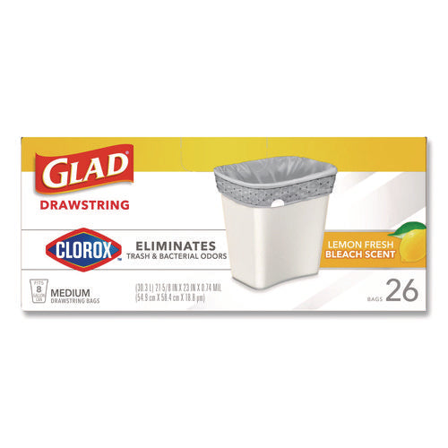 Image of Glad® Medium Drawstring Trash Bags with Clorox, 8 gal, Lemon Fresh Bleach Scent, 0.74 mil, 23" x 21.63", Gray, 26/Box