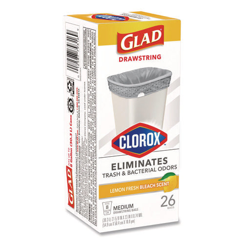 Image of Glad® Medium Drawstring Trash Bags with Clorox, 8 gal, Lemon Fresh Bleach Scent, 0.74 mil, 23" x 21.63", Gray, 26/Box