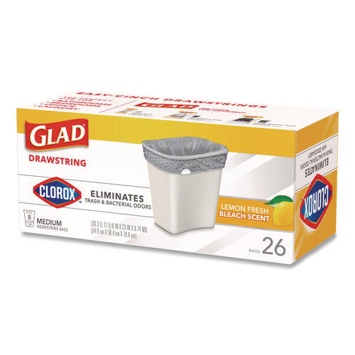 Image of Glad® Medium Drawstring Trash Bags with Clorox, 8 gal, Lemon Fresh Bleach Scent, 0.74 mil, 23" x 21.63", Gray, 26/Box