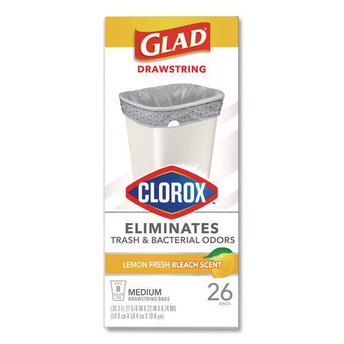 Image of Glad® Medium Drawstring Trash Bags with Clorox, 8 gal, Lemon Fresh Bleach Scent, 0.74 mil, 23" x 21.63", Gray, 26/Box