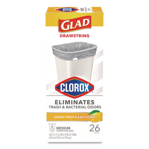 Image of Glad® Medium Drawstring Trash Bags with Clorox, 8 gal, Lemon Fresh Bleach Scent, 0.74 mil, 23" x 21.63", Gray, 26/Box