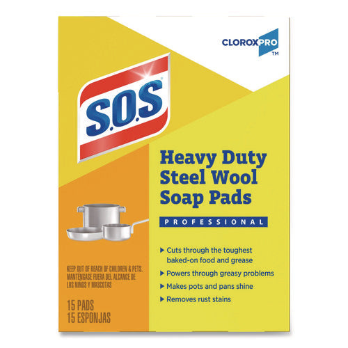Image of S.O.S.® Steel Wool Soap Pads, 2.4 x 3, Steel, 15 Pads/Box, 12 Boxes/Carton