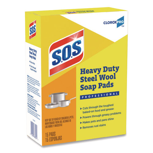 Image of S.O.S.® Steel Wool Soap Pads, 2.4 x 3, Steel, 15 Pads/Box, 12 Boxes/Carton