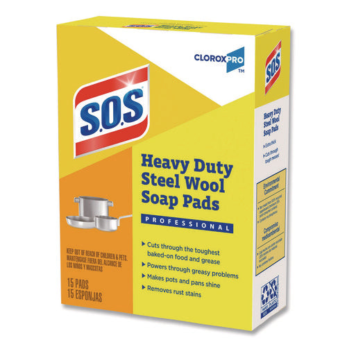 Image of S.O.S.® Steel Wool Soap Pads, 2.4 x 3, Steel, 15 Pads/Box, 12 Boxes/Carton