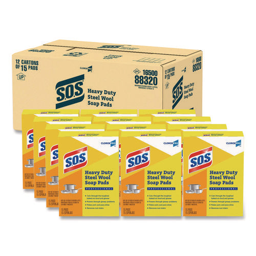 Image of S.O.S.® Steel Wool Soap Pads, 2.4 x 3, Steel, 15 Pads/Box, 12 Boxes/Carton
