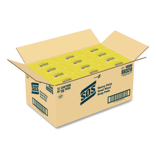 Image of S.O.S.® Steel Wool Soap Pads, 2.4 x 3, Steel, 15 Pads/Box, 12 Boxes/Carton