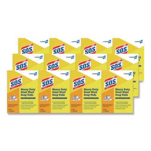 Image of S.O.S.® Steel Wool Soap Pads, 2.4 x 3, Steel, 15 Pads/Box, 12 Boxes/Carton