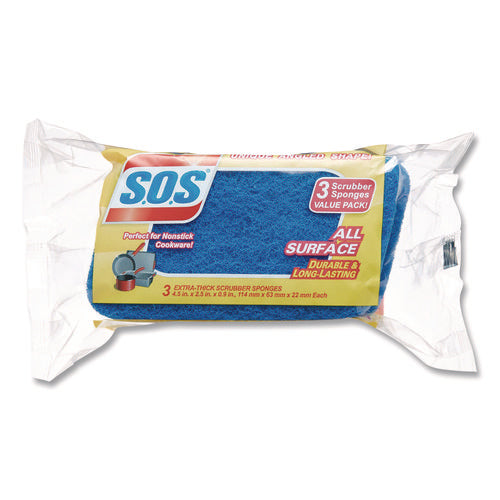 Image of S.O.S.® All Surface Scrubber Sponge, 2.5 X 4.5, 0.9" Thick, Dark Blue, 3/pack, 8 Packs/carton