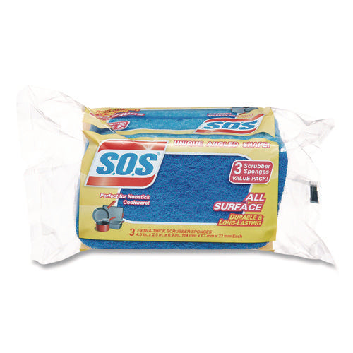 Image of S.O.S.® All Surface Scrubber Sponge, 2.5 X 4.5, 0.9" Thick, Dark Blue, 3/pack, 8 Packs/carton