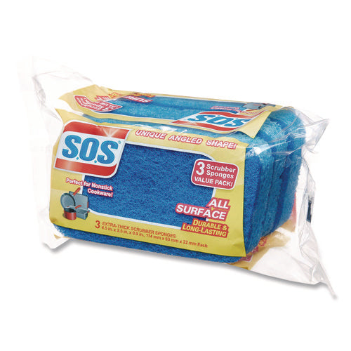 Image of S.O.S.® All Surface Scrubber Sponge, 2.5 X 4.5, 0.9" Thick, Dark Blue, 3/pack, 8 Packs/carton