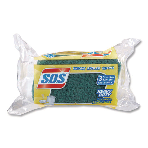 Image of S.O.S.® Heavy Duty Scrubber Sponge, 2.5 x 4.5, 0.9" Thick, Yellow/Green, 3/Pack, 8 Packs/Carton