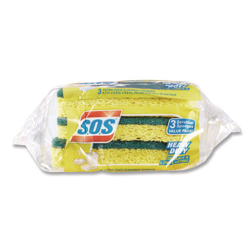 Image of S.O.S.® Heavy Duty Scrubber Sponge, 2.5 x 4.5, 0.9" Thick, Yellow/Green, 3/Pack, 8 Packs/Carton