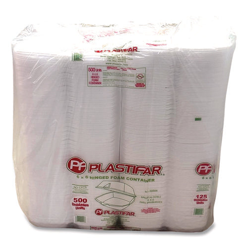 Image of Plastifar Foam Hinged Lid Containers, 6 x 6 x 3, White, Foam, 500/Carton