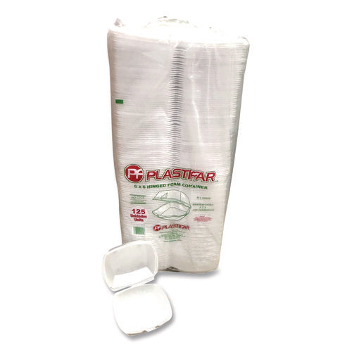 Image of Plastifar Foam Hinged Lid Containers, 6 x 6 x 3, White, Foam, 500/Carton